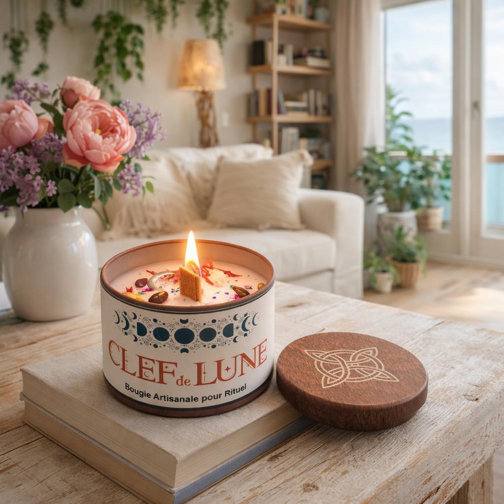 bougie artisanale magique en pot métal. Cire de soja 100 % végétale, parfum de Grasse, fleurs séchées et pierres naturelles. Série limitée !