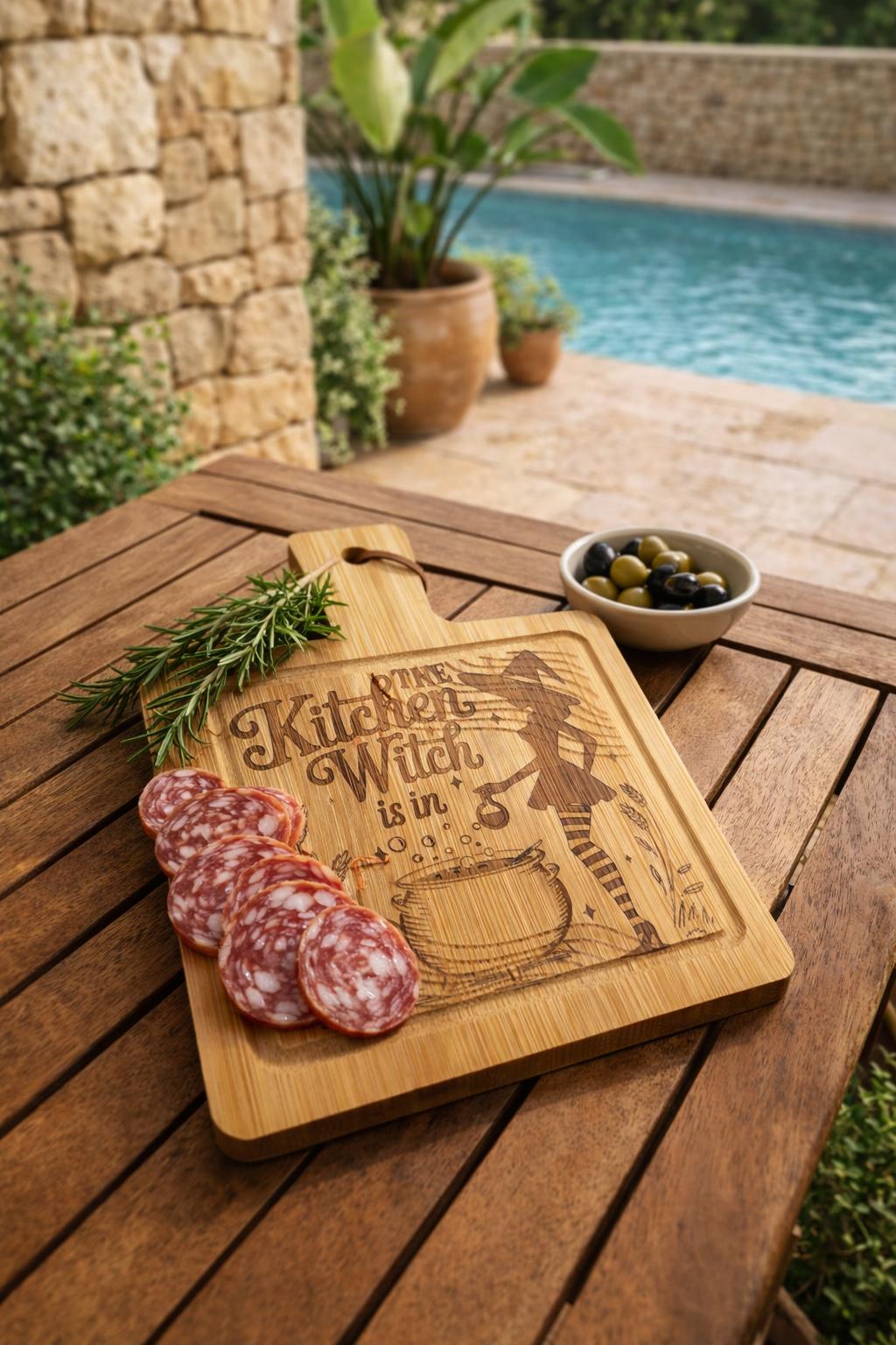planchette en bois de bambou style witchy, whimsigoth, plat de service pour apéro