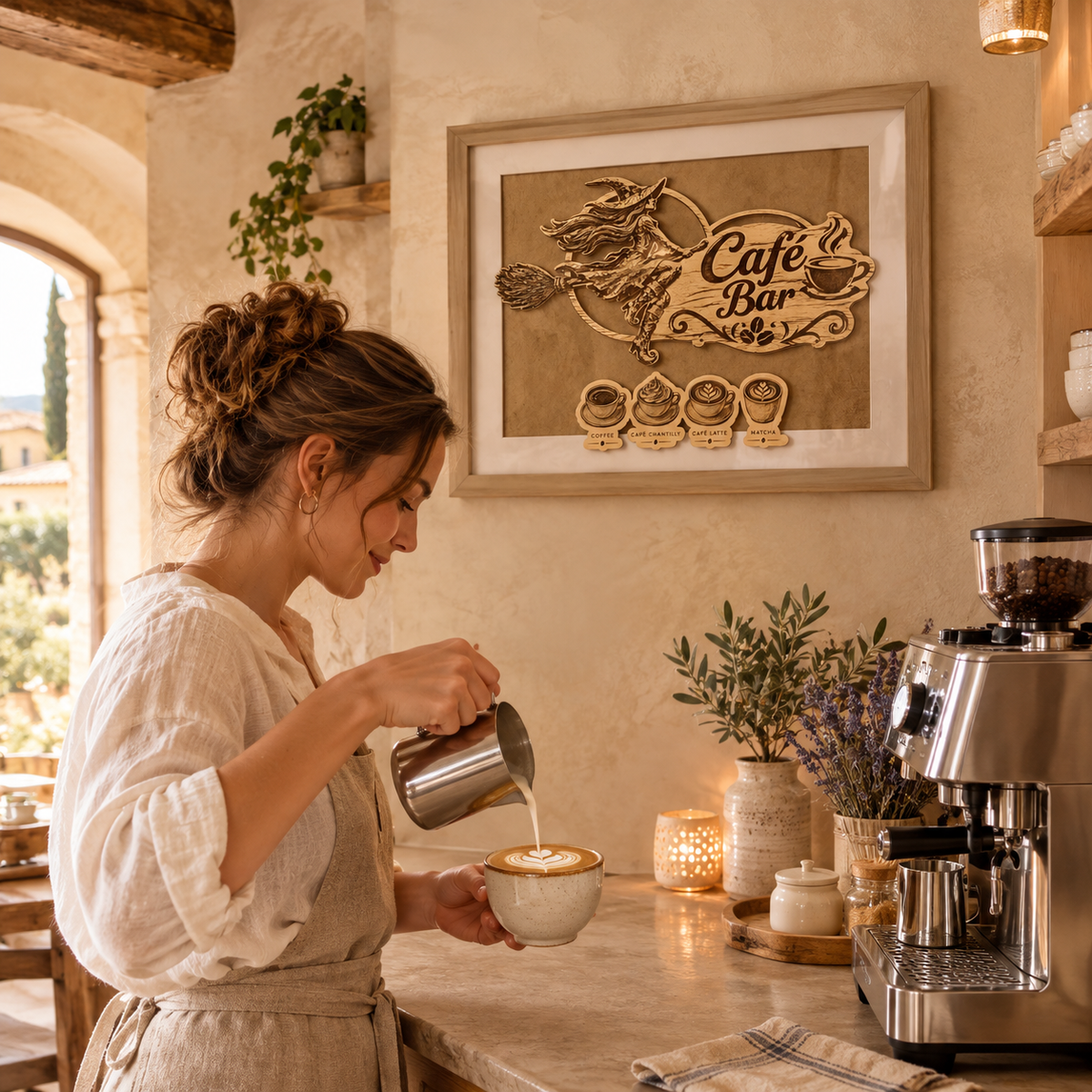 Cadre Déco Café Bar en Bois Naturel – Sorcière & Tasses | Artisanat de Provence
