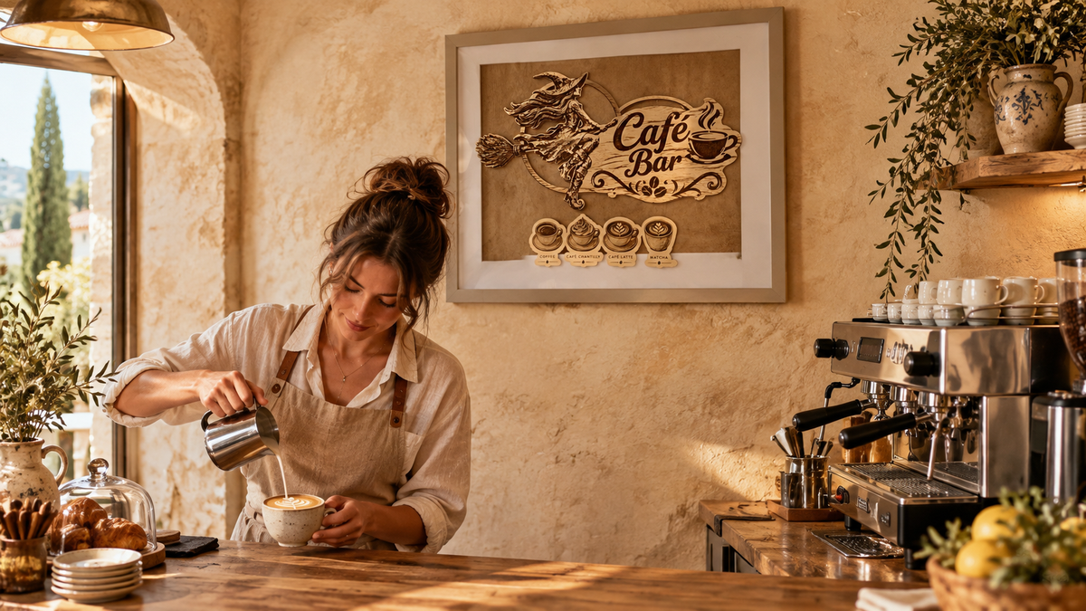 Cadre Déco Café Bar en Bois Naturel – Sorcière & Tasses | Artisanat de Provence
