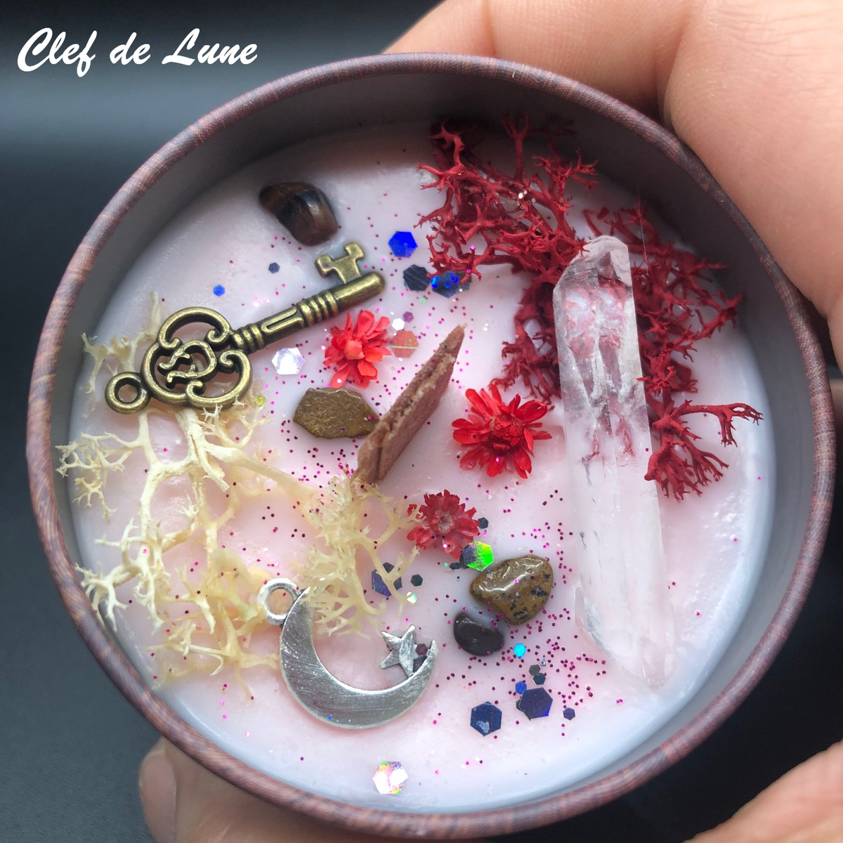 🕯️Bougie Artisanale  – Clé de Lune - Artisanale Magique en Cire de Soja et Pierres Naturelles- Exclusive