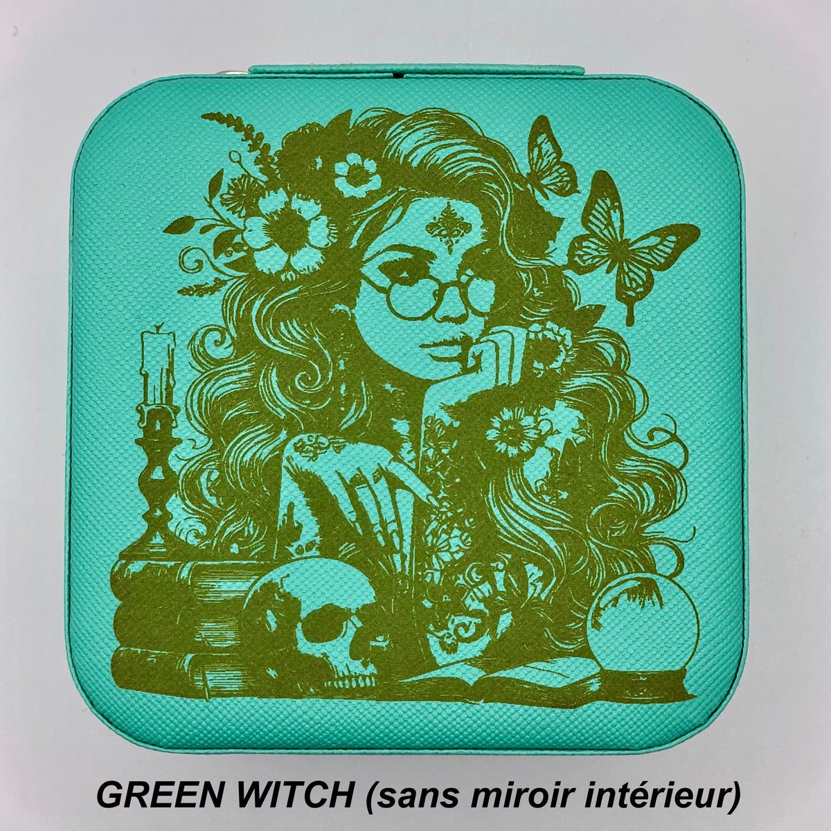 Boites à bijoux de voyage  personnalisée en cuir vegan style wicca/  bohème avec miroir intérieur,