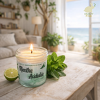 Bougie artisanale coulée à la main dans un pot en verre avec couvercle, parfum mojito