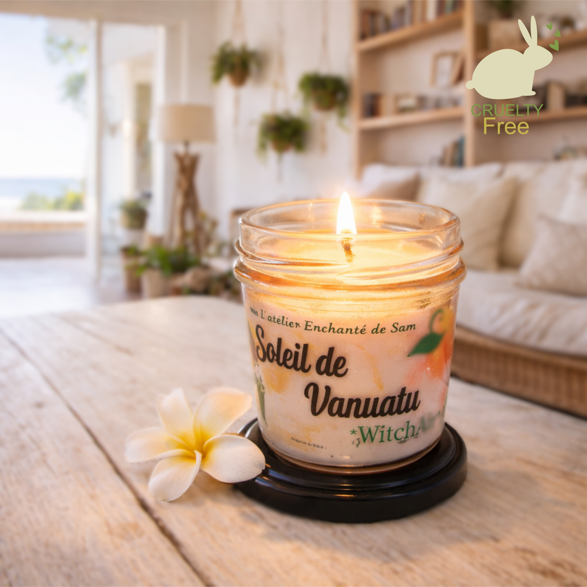 bougie artisanale écologique, cruety free, parfum des iles polynésiennes, pot en verre et couvercle