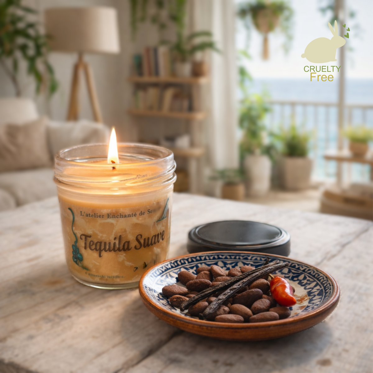 Bougie artisanale coulée à la main en Provence dans un pot en verre avec couvercle, parfum de Grasse aux effluves mexicaines