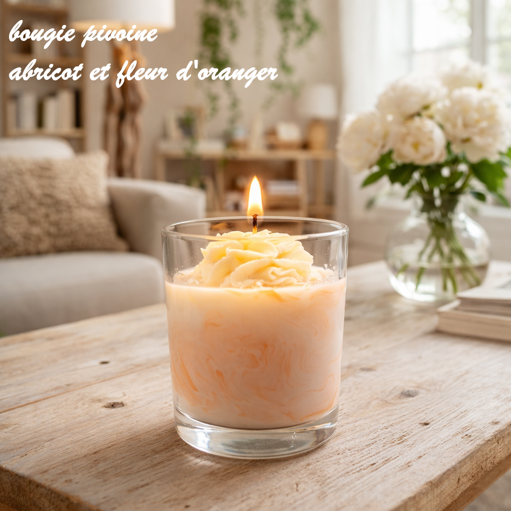 Bougie marbrée artisanale en pot en verre, jaune orangée, parfum de Grasse