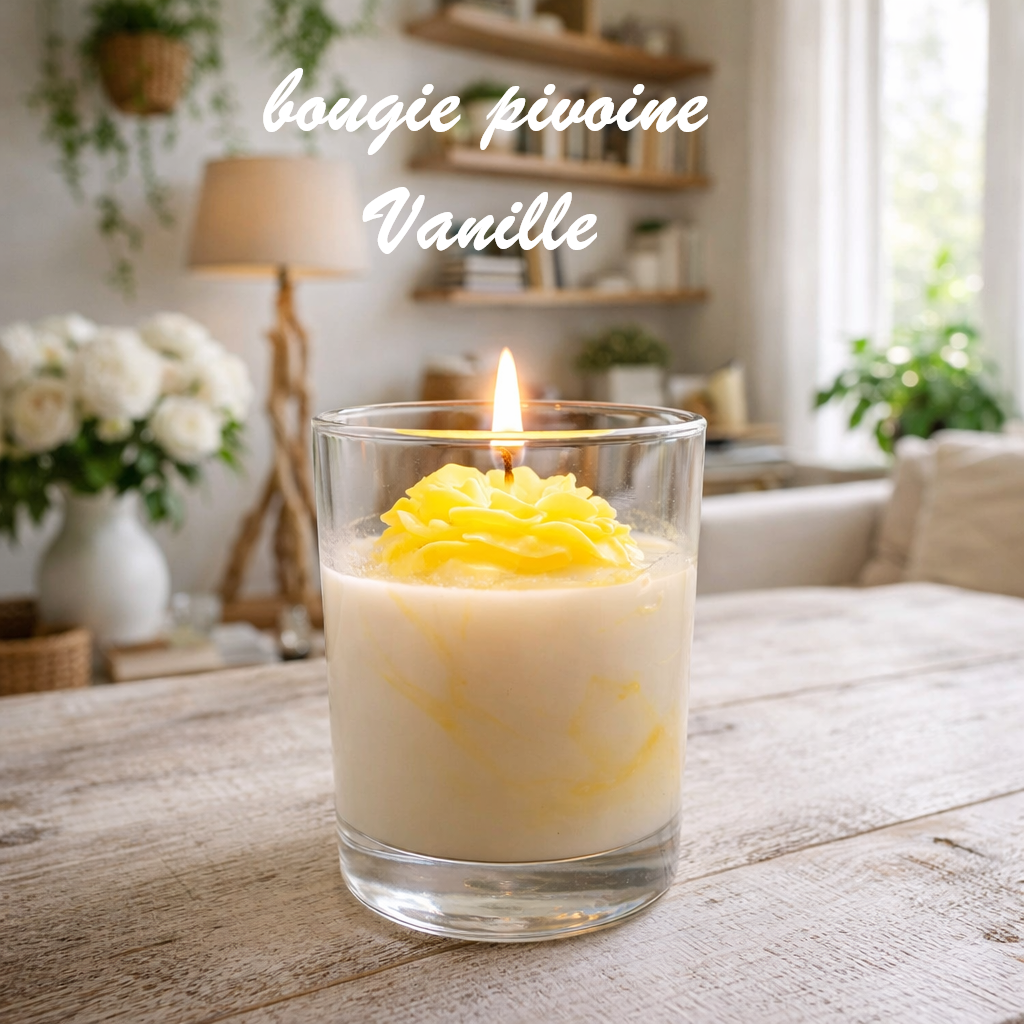 Bougie vanille des iles dans un verre épais transparent laissant apparaitre les marbrures, bougie coulée à la main