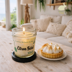 bougie coulée à la main en Provence, dans un pot en verre avec couvercle, parfum de Grasse citron meringué